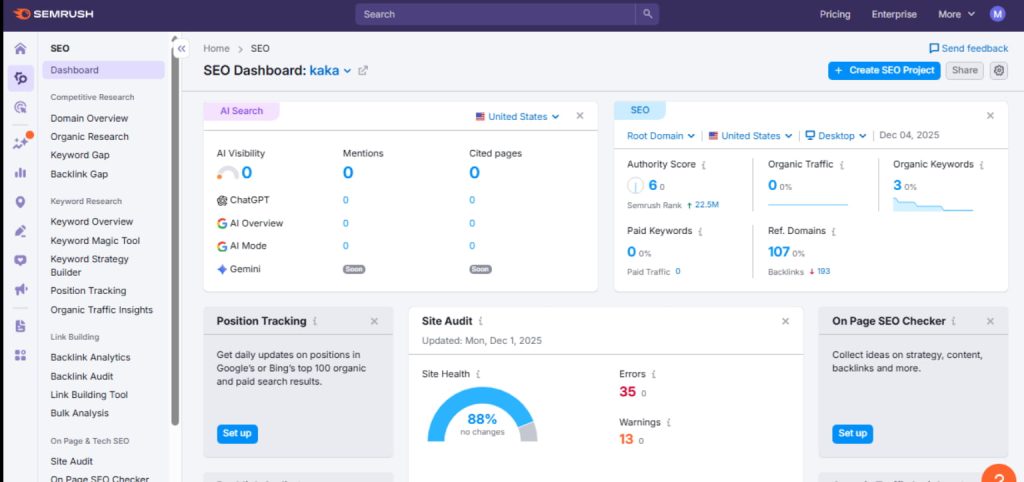 Interface SemRush, un des meilleurs outils marketing digital en 2025
